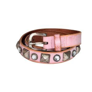 Massimo Dutti Studded Belt Sz.M Pink Leather Crystals Embellished Distressed Y2K